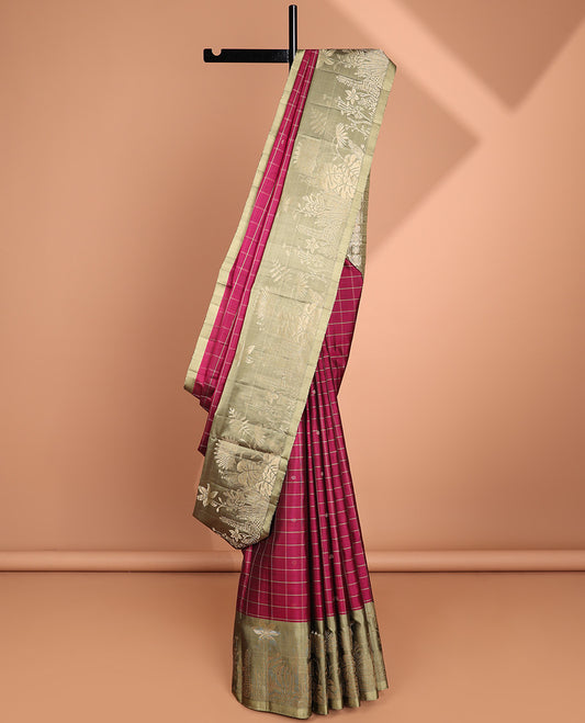 Red checked soft silk saree with contrast floral zari border & checkered design pallu
