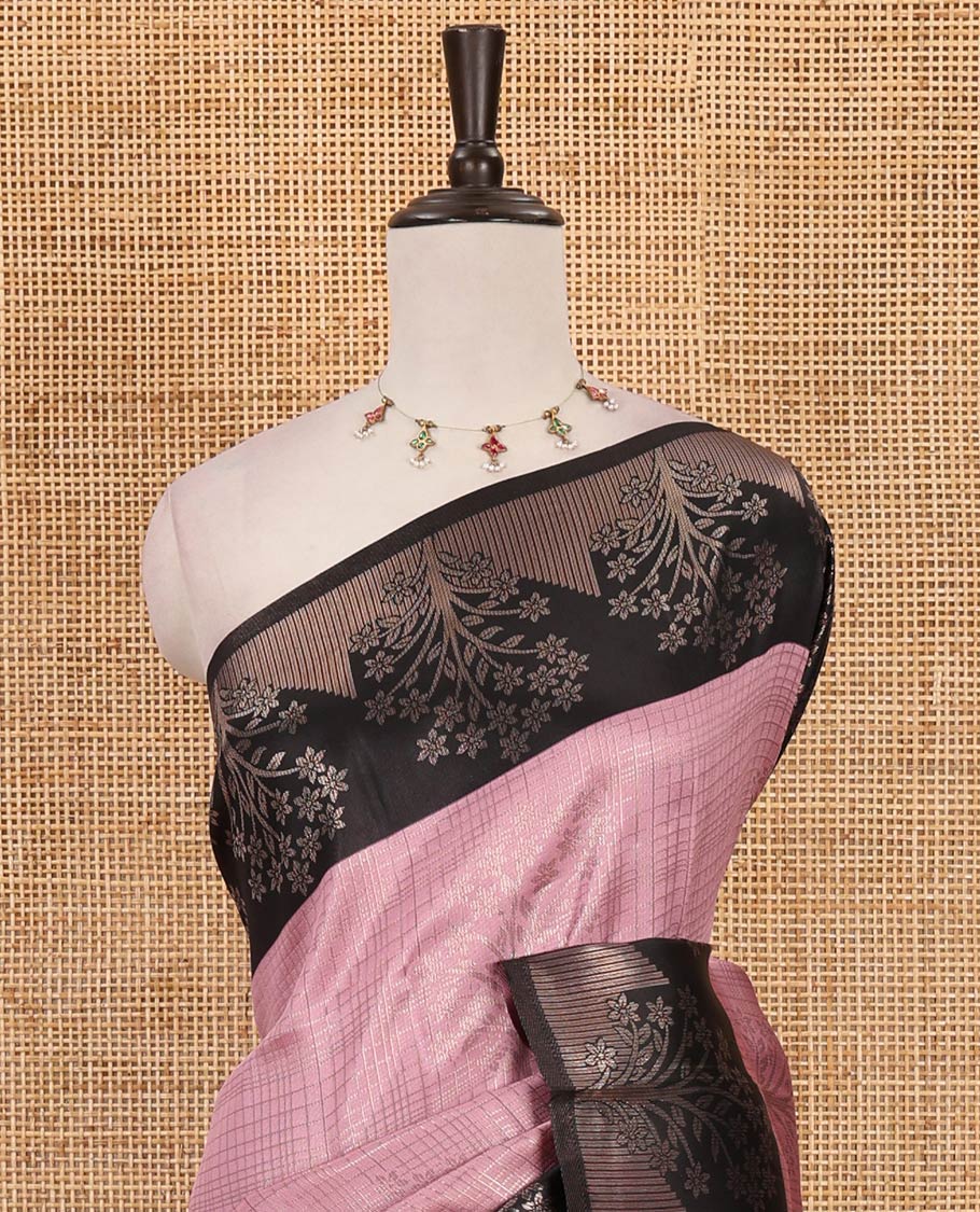 Baby pink zari checked & floral buttas kanchi silk saree,contrast satin border of floral zari motifs,intrictae pallu & contrast plain blouse