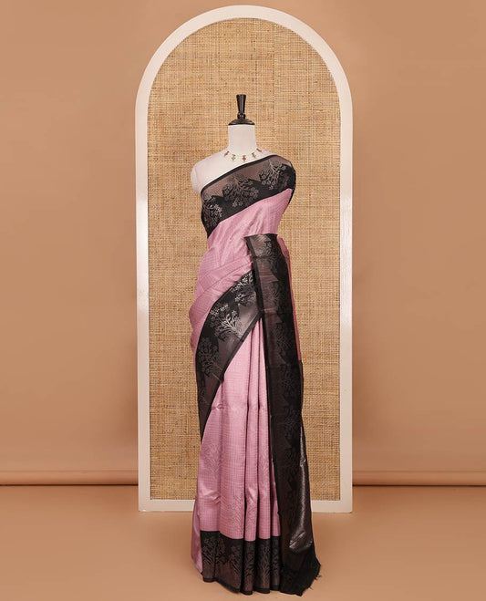 Baby pink zari checked & floral buttas kanchi silk saree,contrast satin border of floral zari motifs,intrictae pallu & contrast plain blouse