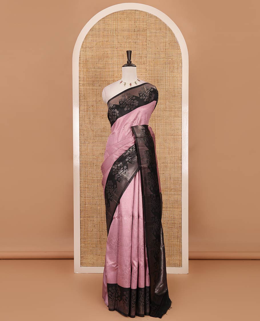 Baby pink zari checked & floral buttas kanchi silk saree,contrast satin border of floral zari motifs,intrictae pallu & contrast plain blouse