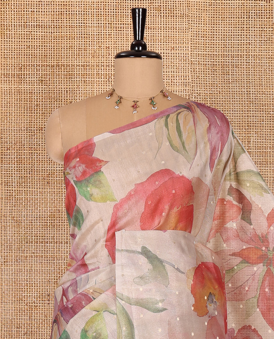 Borderless chikku-base colorful floral printed with buttas fancy tussar saree with a matching printed and zari work blouse