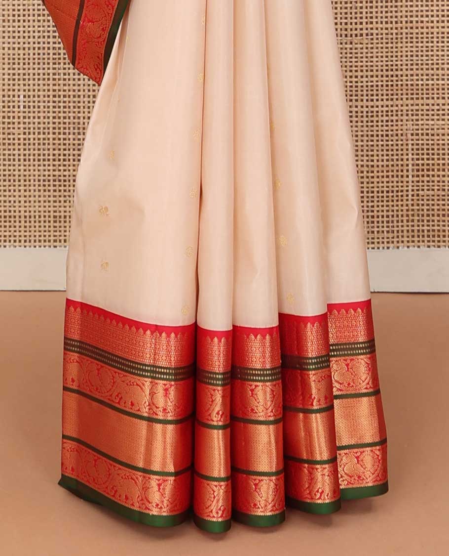 Sandal annam chakram zari buttas silk saree, contrast border of thilakam mokku, Muthu, jaal, kodi yaanai and mayil and jaal pallu