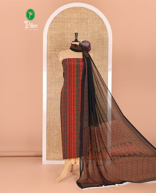 Black material chudidar set, floral-printed Italian crepe top, a plain bottom, and a floral and ogee-patterned printed georgette dupatta