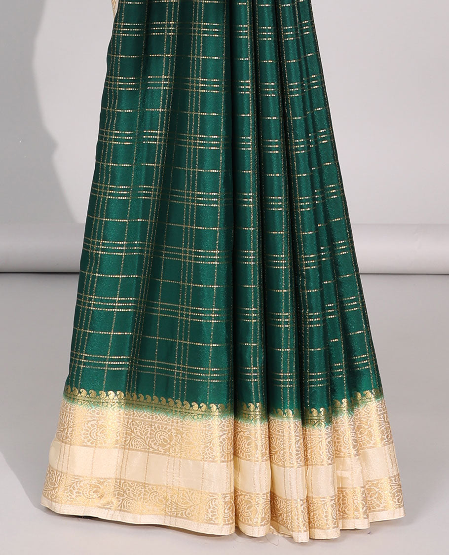 Green checked zari mysore silk saree with contrast zari border & forest theme print pallu