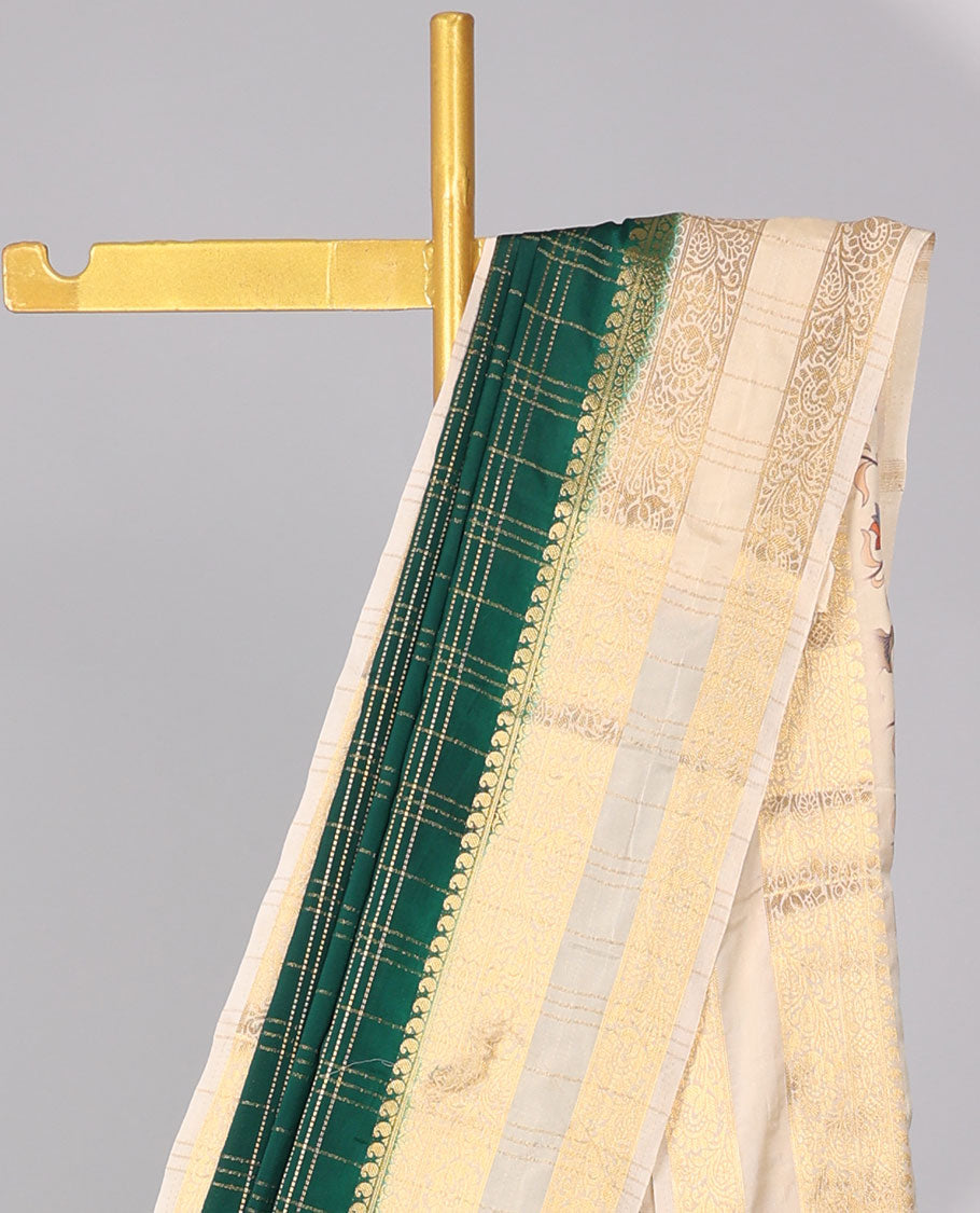 Green checked zari mysore silk saree with contrast zari border & forest theme print pallu