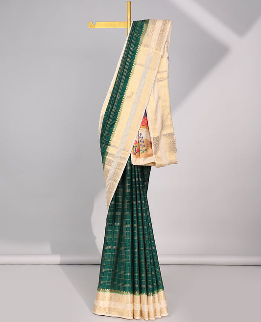 Green checked zari mysore silk saree with contrast zari border & forest theme print pallu