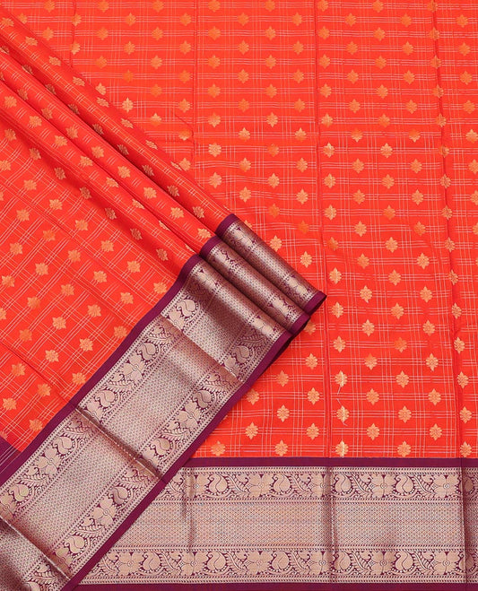 Red Art Silk Pavadai Material Set, Embellished with Zari Buttas and Checked Designs on Its Skirt, Complemented by a Contrast Traditional Zari Design Border, and Paired with a Contrast Blouse