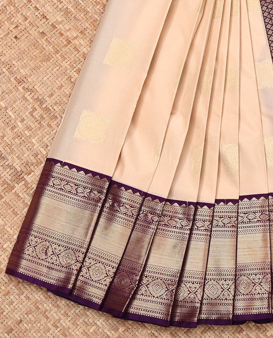 Sandal Budget Silk Saree, Sparsely Sparkled with Zari Buttas and Checks, Complemented by Contrast Traditional Zari Border, Jaal Pallu, and a Contrast Blouse