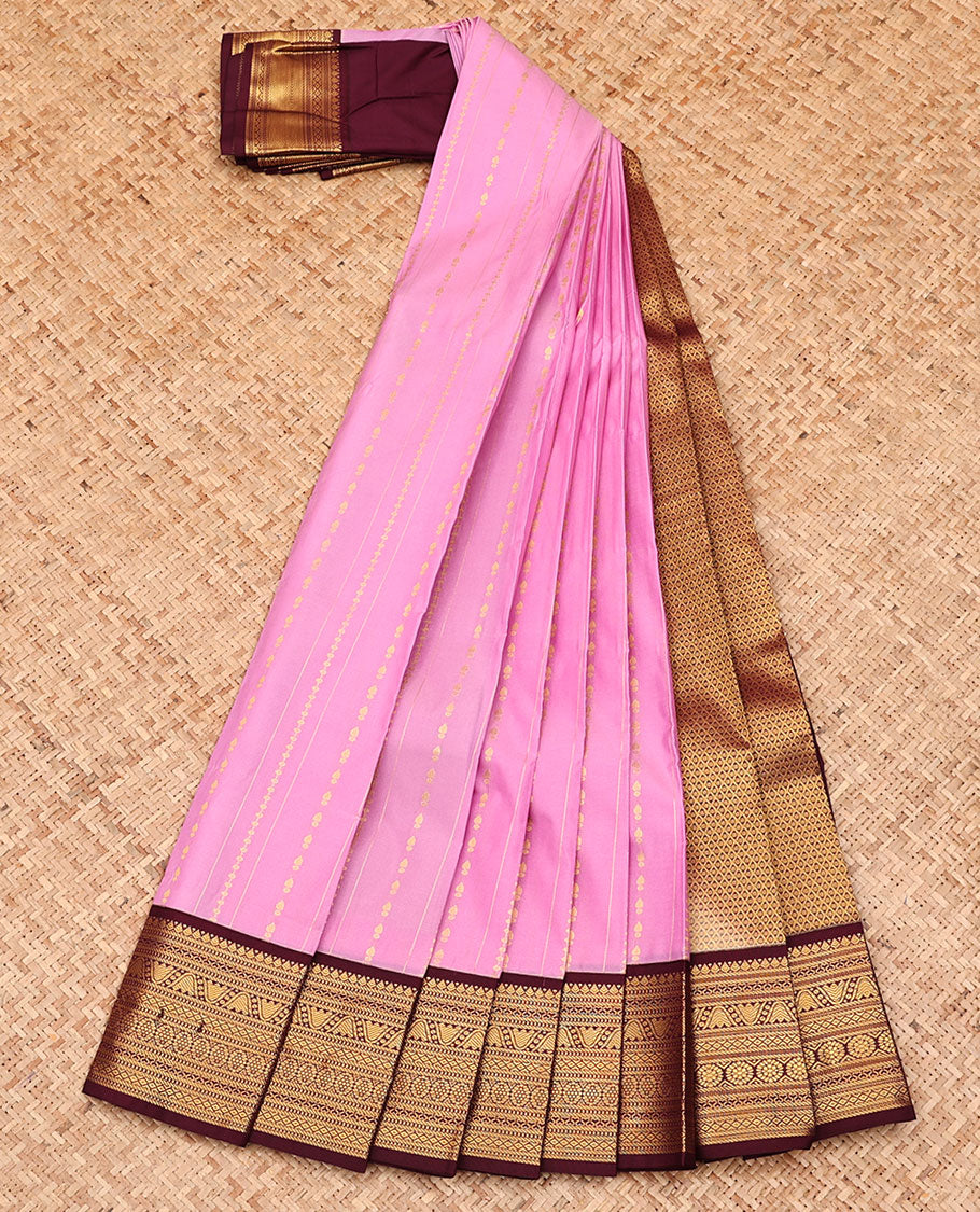 Pink Budget Silk Saree, Elegantly Highlighted with Zari Buttas and Stripes, Complemented by a Contrast Traditional Zari Design Border, Grand Jaal Pallu, and Paired with a Contrast Blouse