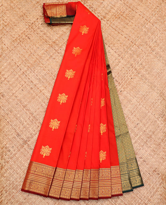 Orange Budget Silk Saree, Elevated with Zari Buttas All Over Its Body, Complemented by a Contrast Traditional Zari Design Border, Grand Jaal Pallu, and Paired with a Contrast Blouse