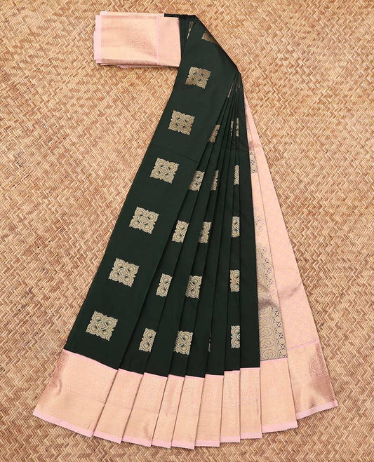 Green Budget Silk Saree, Embellished with Zari Buttas, Complemented by a Contrast Traditional Zari Border, Grand Pallu, and a Contrast Blouse