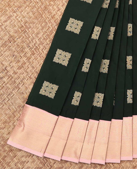 Green Budget Silk Saree, Embellished with Zari Buttas, Complemented by a Contrast Traditional Zari Border, Grand Pallu, and a Contrast Blouse
