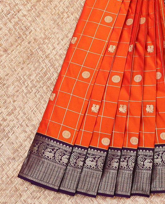 Orange Budget Silk Saree, Finely Crafted with Peacock-Chakram Butta Enclosed Checks, Contrast Traditional Zari Border, Grand Pallu, and a Contrast Blouse