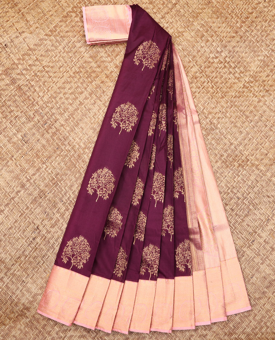 Brown Budget Silk Saree, Enriched with Tree Buttas, Complemented by a Contrast Traditional Zari Border, Grand Pallu, and a Contrast Blouse