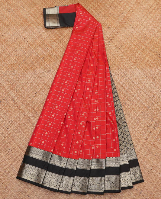 Red Budget Silk Saree, Spotlighted with Zari Butta Enclosed Checks On Its Body, Complemented by Contrast Traditional Zari Designs Rettai Pettu Border, Grand Pallu and Paired with a Contrast Blouse