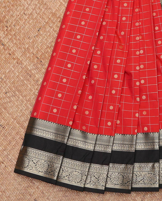 Red Budget Silk Saree, Spotlighted with Zari Butta Enclosed Checks On Its Body, Complemented by Contrast Traditional Zari Designs Rettai Pettu Border, Grand Pallu and Paired with a Contrast Blouse