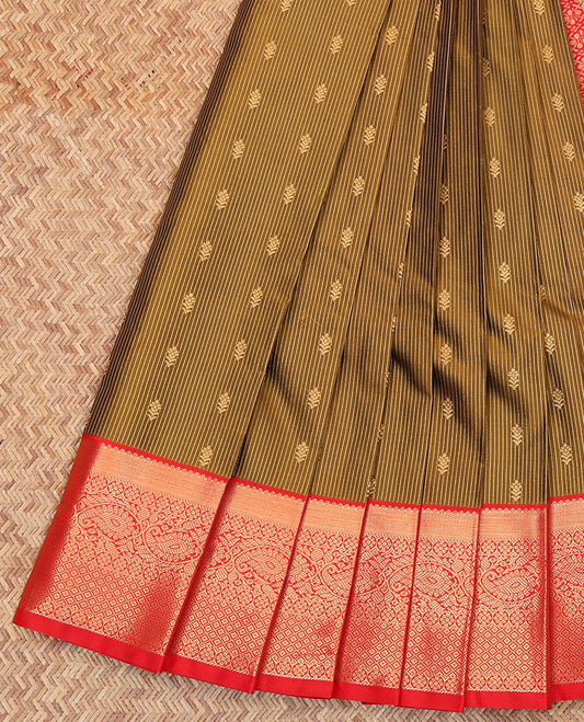 Honey Color Budget Silk Saree, Artfully Detailed with Zari Buttas and Stripes All Over Its Body, Complemented by a Contrast Traditional Zari Design Border, Grand Jaal Pallu, and Paired with a Contrast Blouse