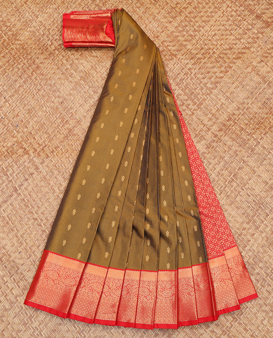 Honey Color Budget Silk Saree, Artfully Detailed with Zari Buttas and Stripes All Over Its Body, Complemented by a Contrast Traditional Zari Design Border, Grand Jaal Pallu, and Paired with a Contrast Blouse