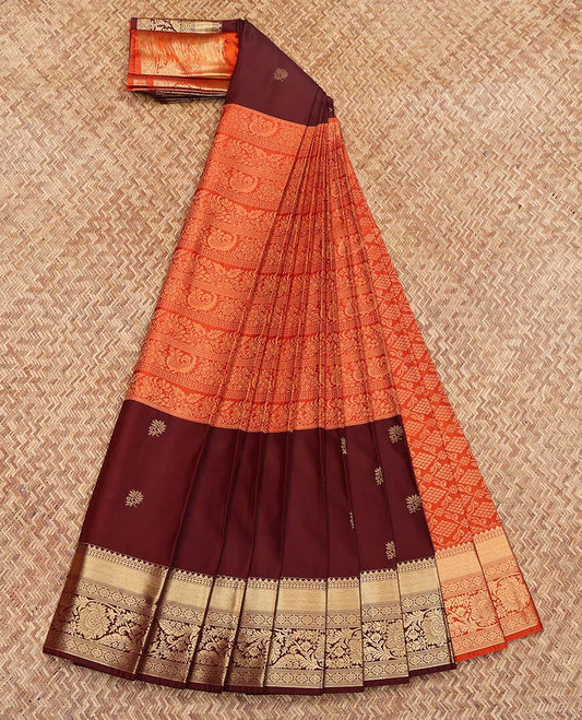 Orange Budget Silk Saree, Gracefully Embellished with Jacquard Design on Its Body, Complemented by a Contrast Traditional Zari Design Border, Grand Jaal-Patterned Pallu, and Paired with a Contrast Blouse