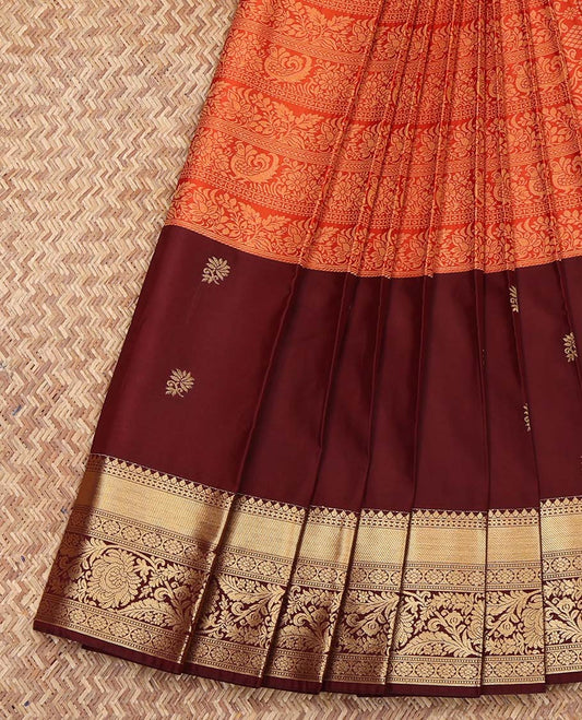 Orange Budget Silk Saree, Gracefully Embellished with Jacquard Design on Its Body, Complemented by a Contrast Traditional Zari Design Border, Grand Jaal-Patterned Pallu, and Paired with a Contrast Blouse