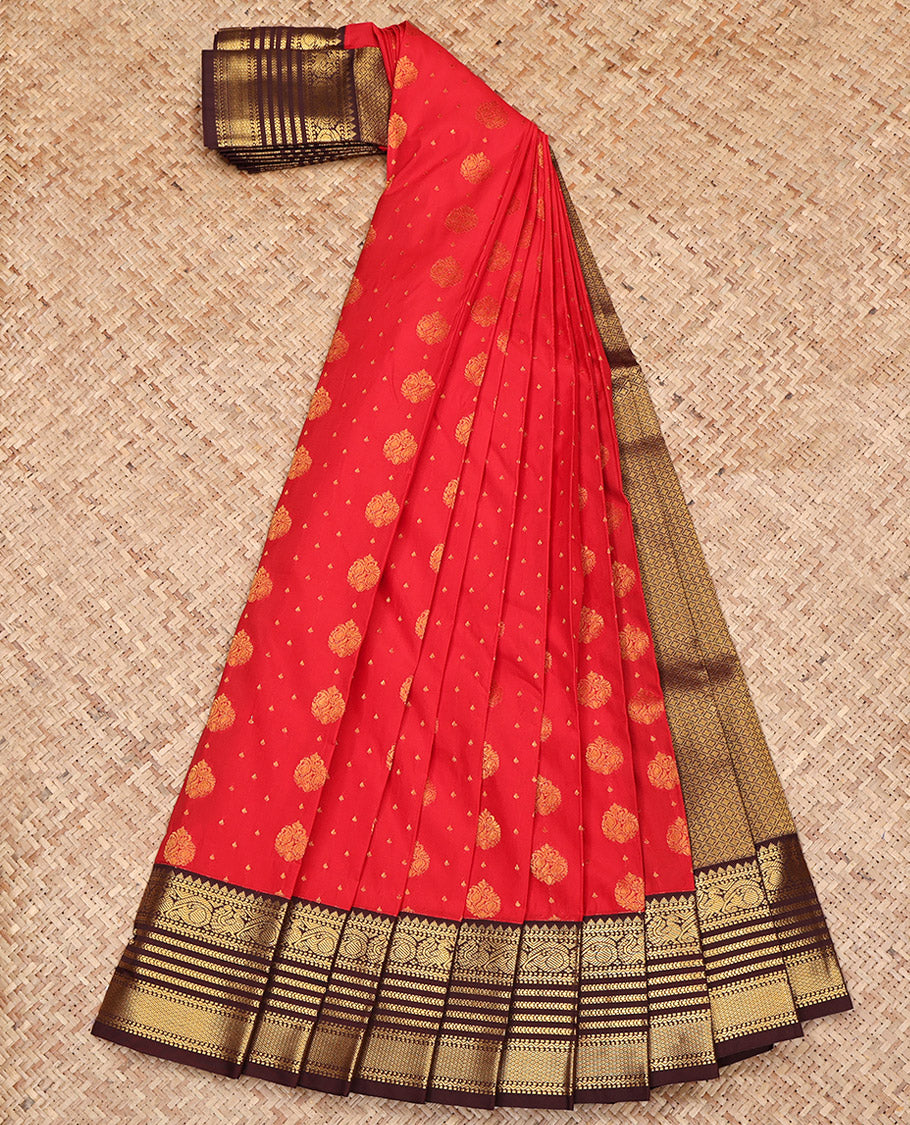 Red Budget Silk Saree, Embellished with Zari Buttas on Its Body, Complemented by a Contrast Traditional Zari Border, Grand Jaal Pallu, and Paired with a Contrast Blouse