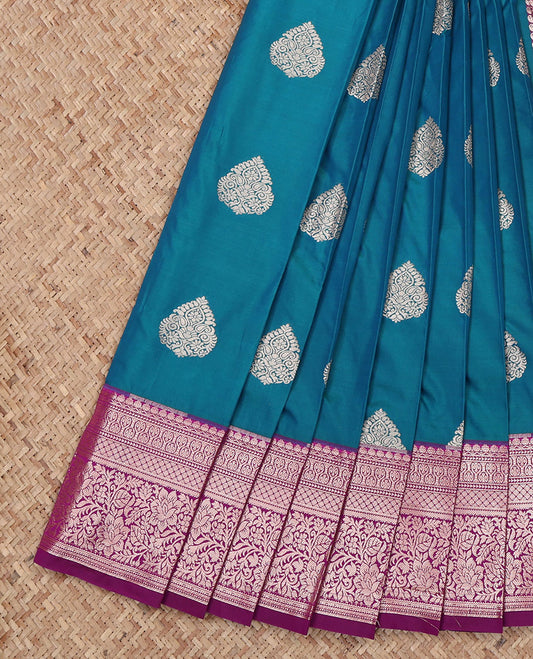 Blue Budget Silk Saree, Detailed with Zari Buttas All Over Its Body, Complemented by a Contrast Traditional Zari Design Border, Intricately Designed Pallu, and Paired with a Contrast Blouse