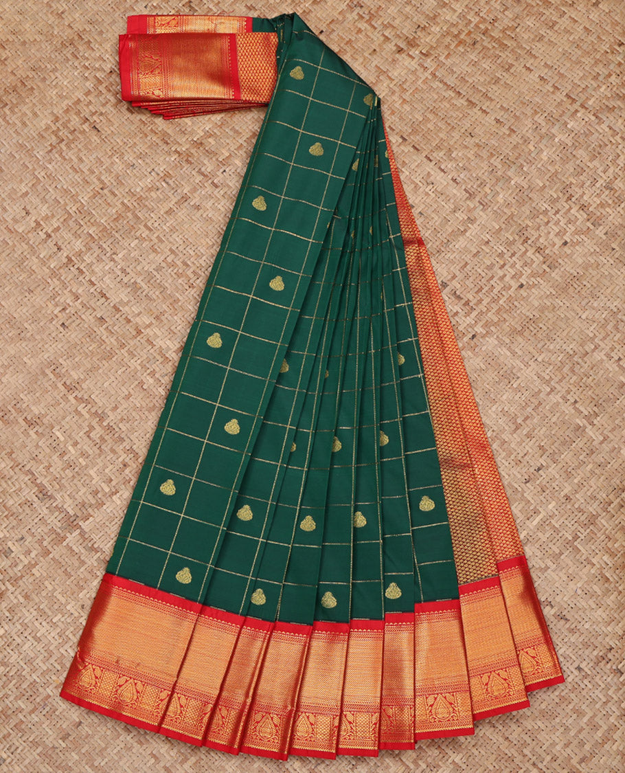 Green Budget Silk Saree, Decked Up with Zari Butta Enclosed Checks on Its Body, Complemented by a Contrast Traditional Zari Design Border, Grand Jaal Pallu, and Paired with a Contrast Blouse