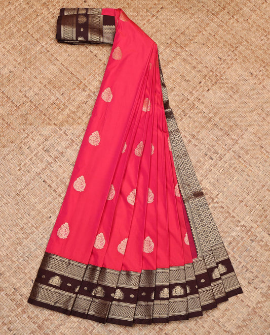Red Budget Silk Saree, Beautified with Zari Buttas, Complemented by a Contrast Traditional Zari Border, Pallu of Jaal Designs, and a Contrast Blouse