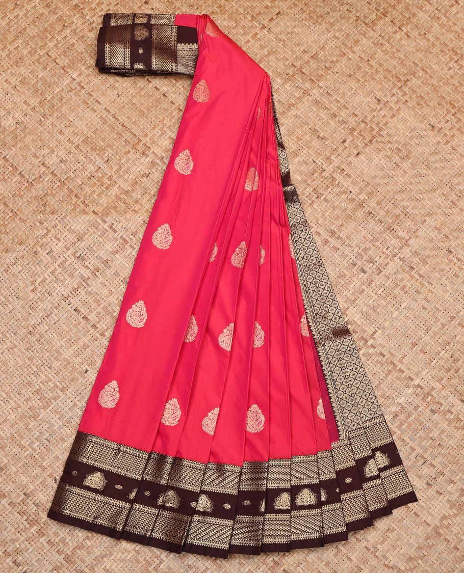 Red Budget Silk Saree, Beautified with Zari Buttas, Complemented by a Contrast Traditional Zari Border, Pallu of Jaal Designs, and a Contrast Blouse