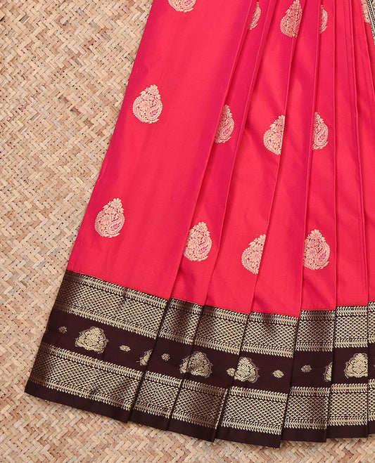 Red Budget Silk Saree, Beautified with Zari Buttas, Complemented by a Contrast Traditional Zari Border, Pallu of Jaal Designs, and a Contrast Blouse