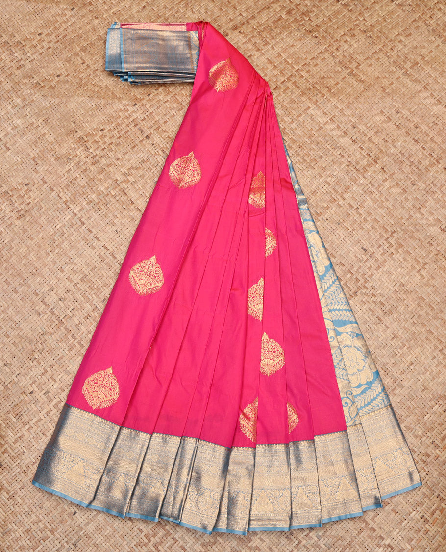 Pink Budget Silk Saree, Crafted with Zari Buttas, Contrast Traditional Zari Border, Grand Pallu, and a Contrast Blouse