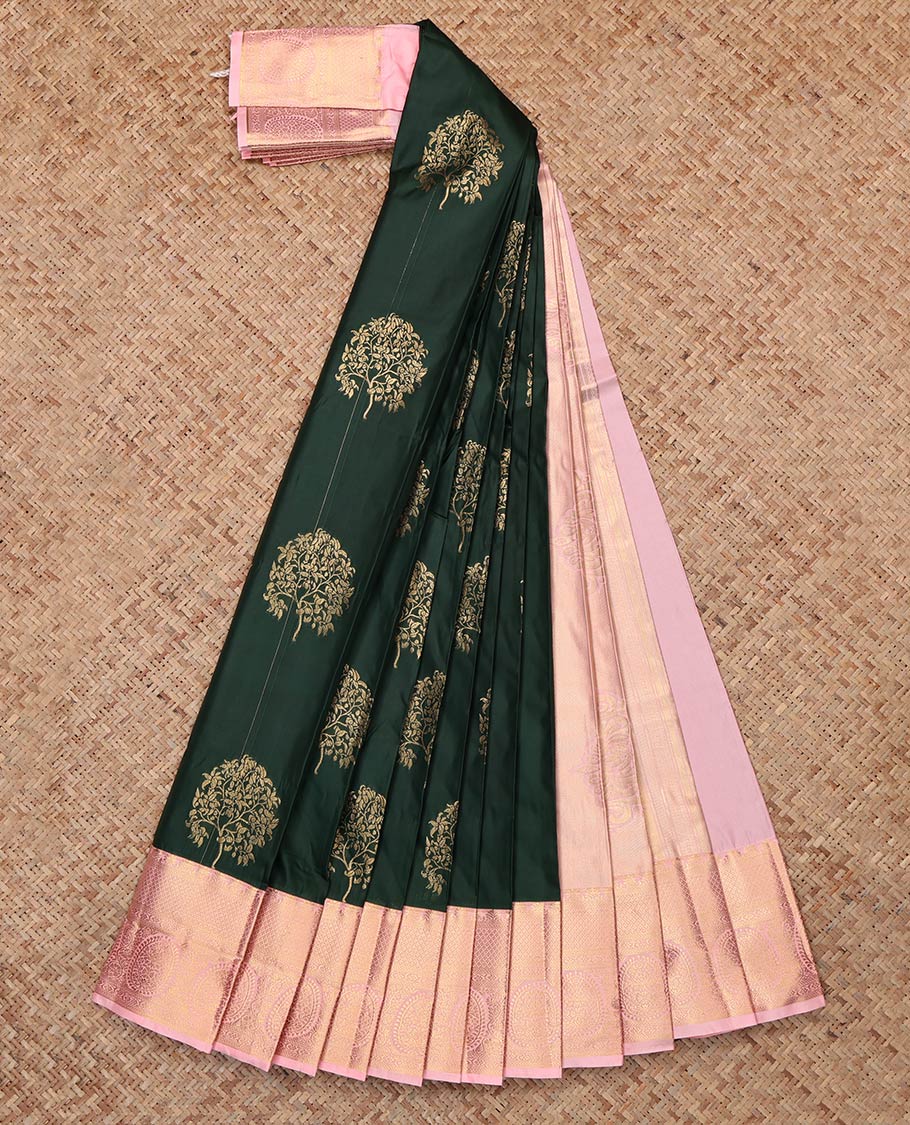 Black Budget Silk Saree, Richly Decked Up with Tree Motifs, Contrast Traditional Zari Border, Grand Pallu and a Contrast Blouse
