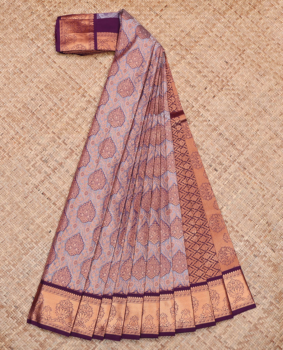 Grey Budget Silk Saree, Gleamed Up with Jacquard, Complemented by Contrast Traditional Zari Border, Intricate Pallu, and a Contrast Blouse