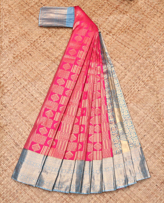 Pink Budget Silk Saree, Richly Detailed with Jacquard Design, Complemented by Contrast Traditional Zari Border, Intricate Pallu, and Contrast Blouse