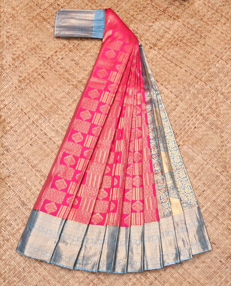 Pink Budget Silk Saree, Richly Detailed with Jacquard Design, Complemented by Contrast Traditional Zari Border, Intricate Pallu, and Contrast Blouse