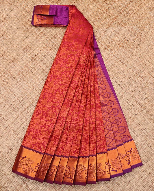 Red Budget Silk Saree, Detailed with a Floral Vine Design, Complemented by a Contrast Floral Creeper Zari Border, Grand Jaal Pallu, and a Contrast Blouse