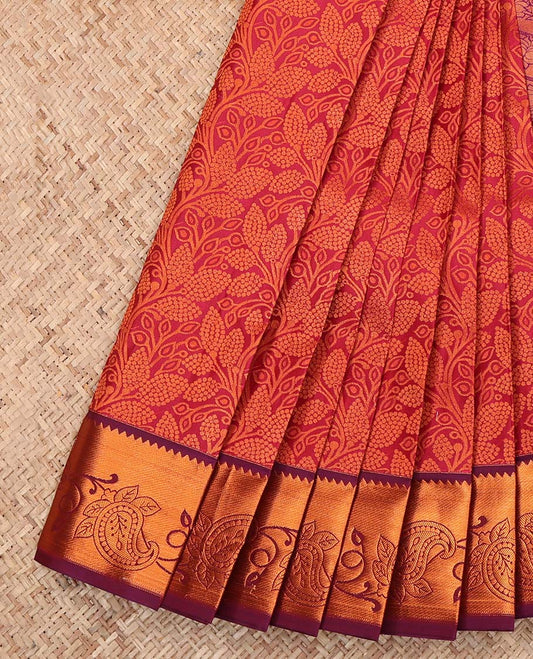 Red Budget Silk Saree, Detailed with a Floral Vine Design, Complemented by a Contrast Floral Creeper Zari Border, Grand Jaal Pallu, and a Contrast Blouse