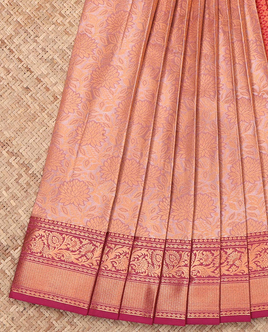 Peach Budget Silk Saree, Embellished with Jacquard Design, Complemented by a Contrast Traditional Zari Border, Grand Pallu, and a Contrast Blouse