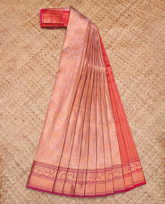 Peach Budget Silk Saree, Embellished with Jacquard Design, Complemented by a Contrast Traditional Zari Border, Grand Pallu, and a Contrast Blouse