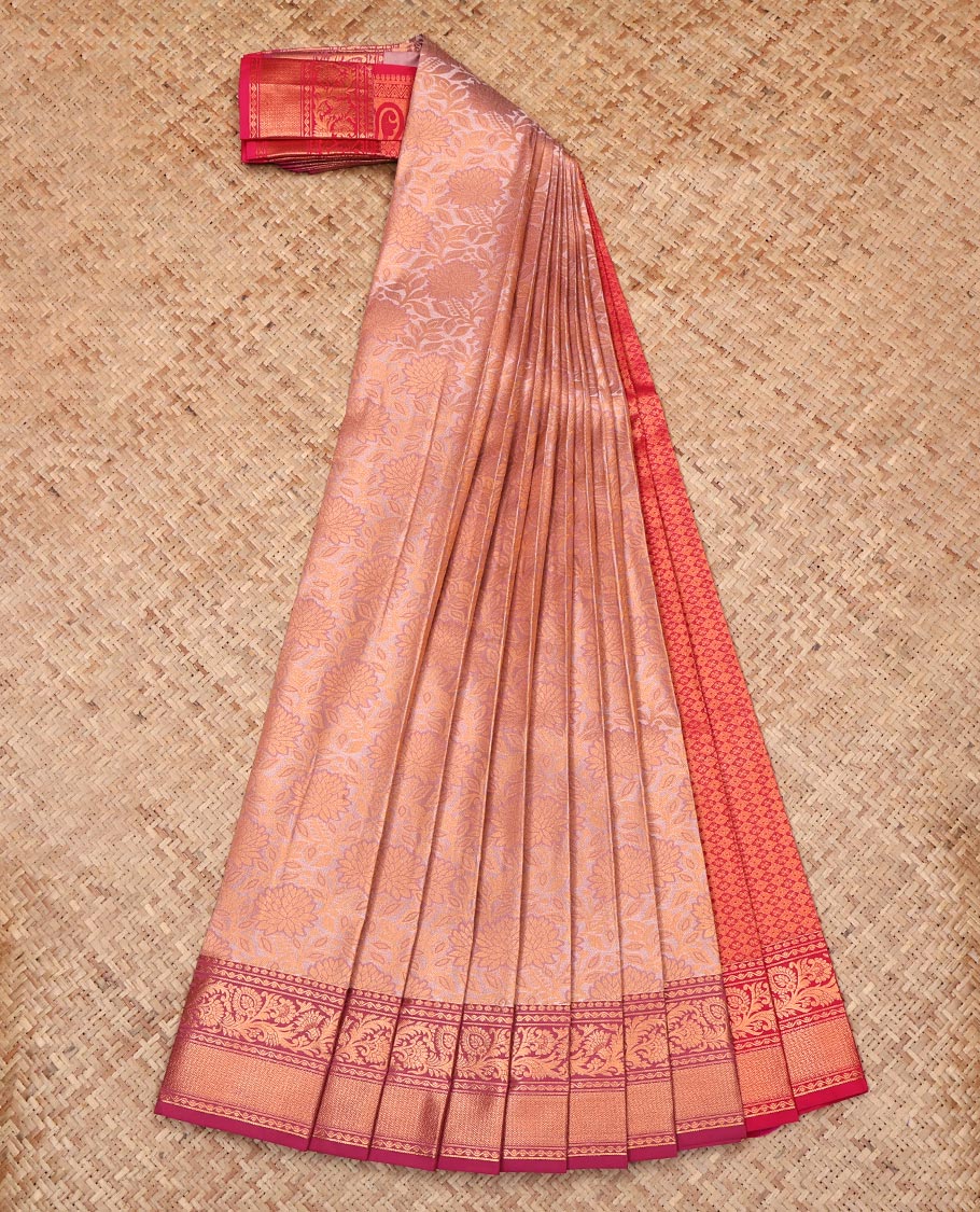 Peach Budget Silk Saree, Embellished with Jacquard Design, Complemented by a Contrast Traditional Zari Border, Grand Pallu, and a Contrast Blouse