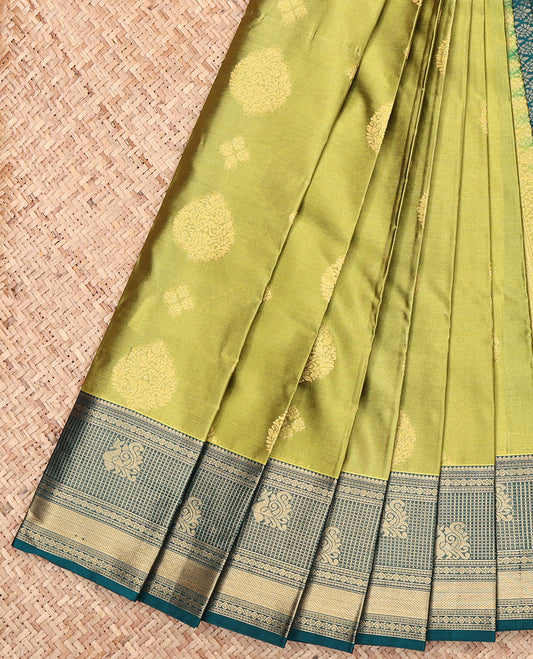 Green Budget Silk Saree, Subtly Sparkled with Zari Buttas, Complemented by a Contrast Traditional Zari Border, Grand Pallu, and a Contrast Blouse