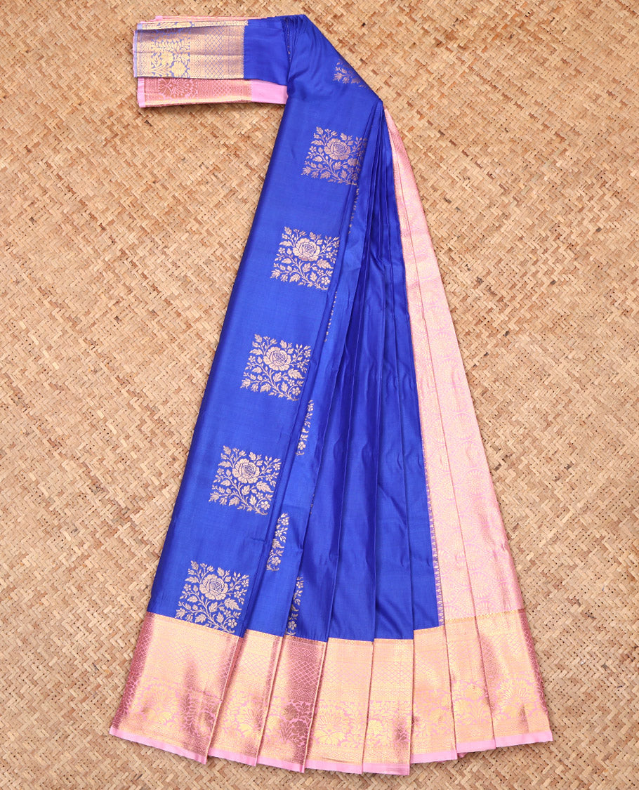 Royal Blue Budget Silk Saree, Accentuated with Zari Buttas, Complemented by a Contrast Traditional Border, Jaal Pallu, and a Contrast Blouse