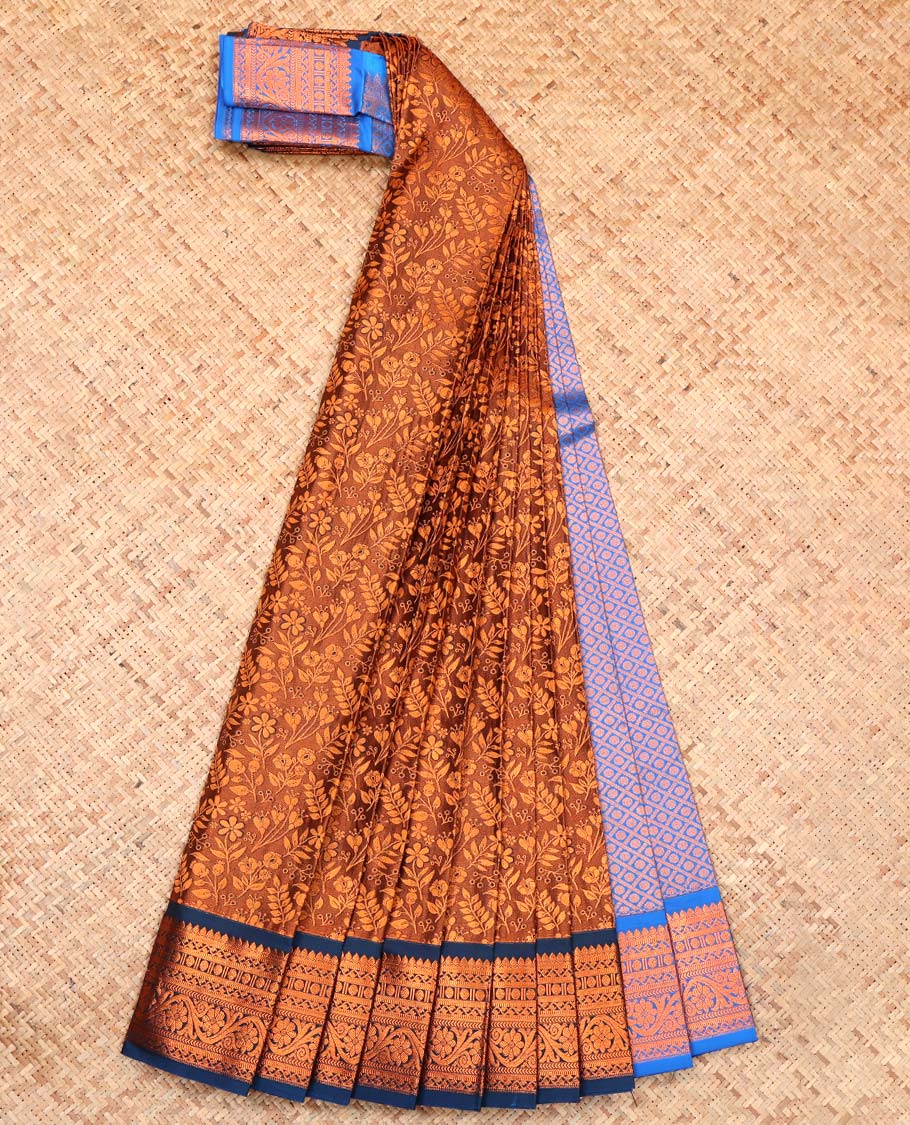 Brown Budget Silk Saree, Enriched with Floral Vine Design, Complemented by Contrast Traditional Zari Border, a Jaal Pallu and a Contrast Blouse