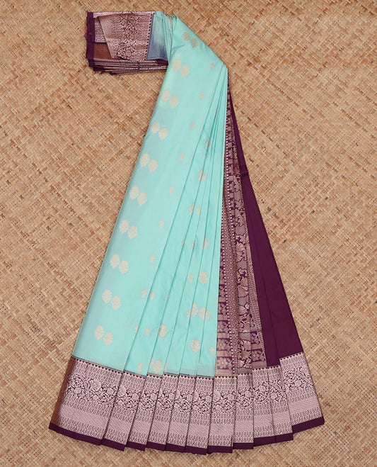 Pale Blue Budget Silk Saree, Sparsely Sparkled with Zari Buttas, Complemented by a Contrast Traditional Zari Border, Grand Pallu, and a Contrast Blouse