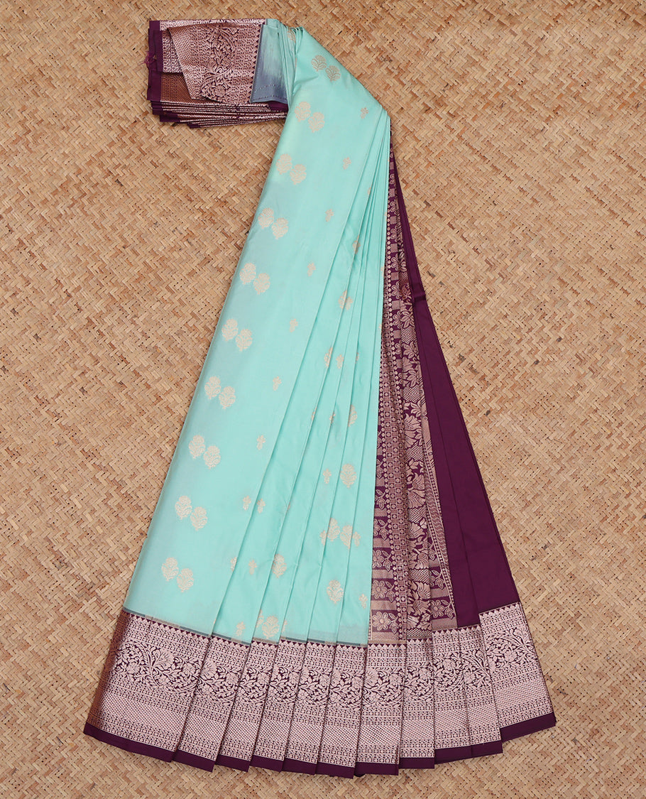 Pale Blue Budget Silk Saree, Sparsely Sparkled with Zari Buttas, Complemented by a Contrast Traditional Zari Border, Grand Pallu, and a Contrast Blouse