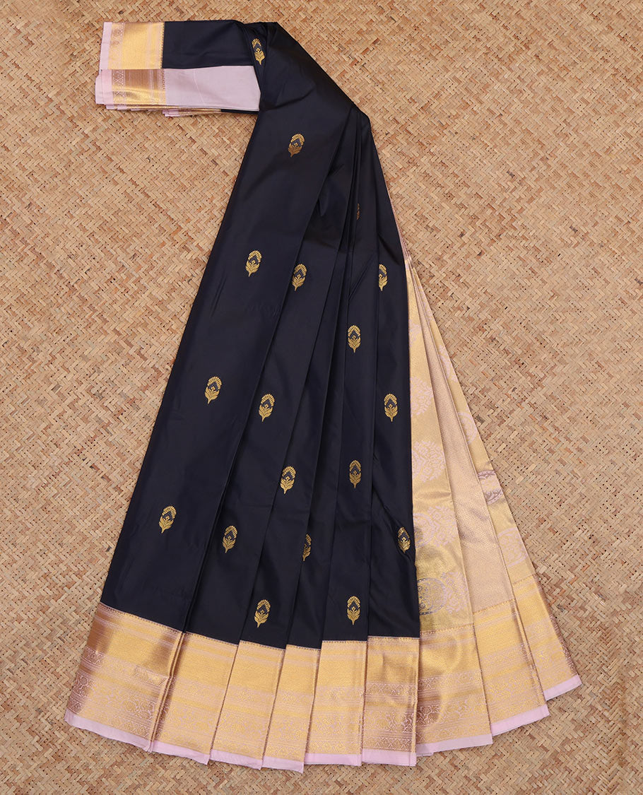 Black Budget Silk Saree, Enriched with Zari Buttas, Complemented by Contrast Traditional Zari Border, a Grand Pallu and a Contrast Blouse