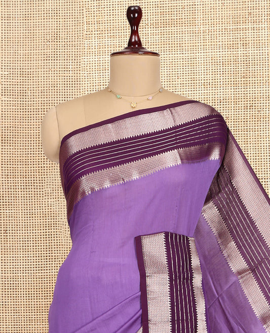 Lavender Plain Assam Silk Saree, Complemented by Contrast Traditional Zari Border,  Zari Woven Pallu, and Contrast Blouse