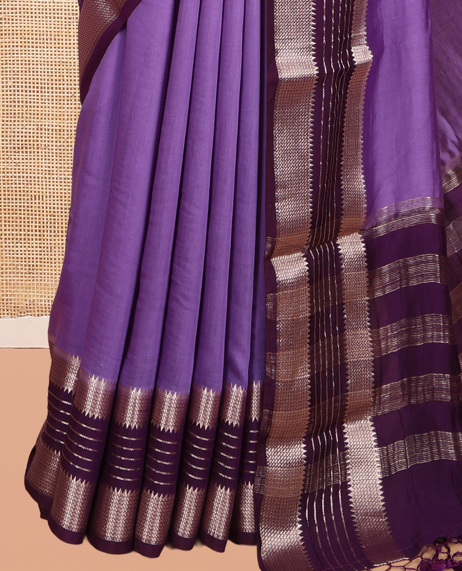 Lavender Plain Assam Silk Saree, Complemented by Contrast Traditional Zari Border,  Zari Woven Pallu, and Contrast Blouse