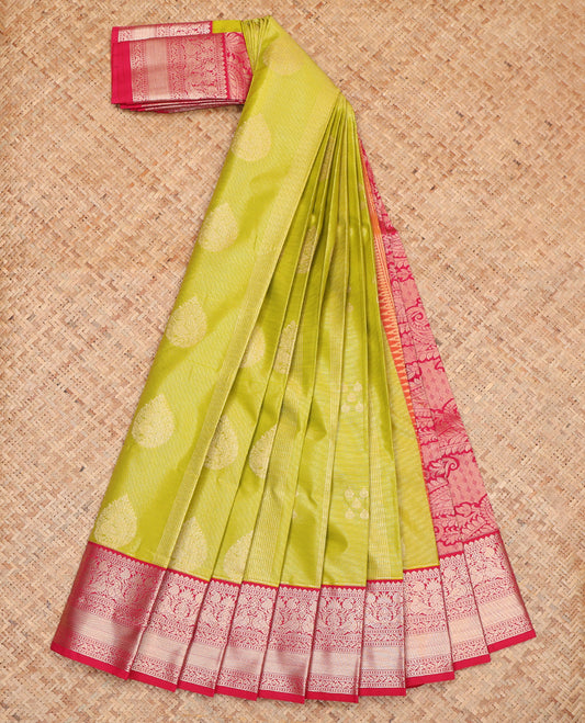 Green Budget Silk Saree, Decorated with Zari Buttas, Complemented by a Contrast Traditional Zari Border, Paisley Pallu, and Contrast Blouse