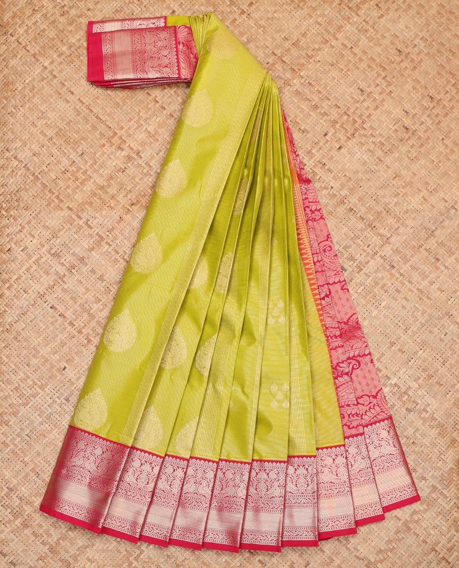 Green Budget Silk Saree, Decorated with Zari Buttas, Complemented by a Contrast Traditional Zari Border, Paisley Pallu, and Contrast Blouse
